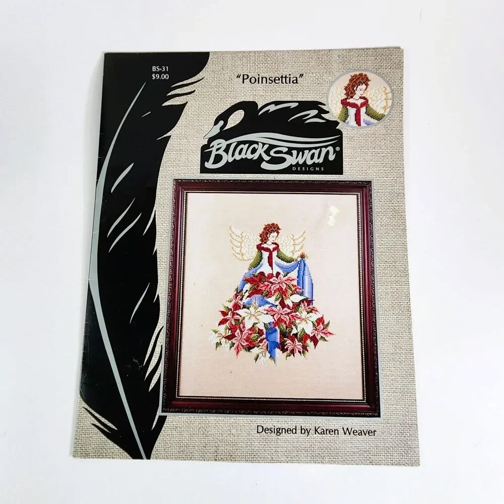 Black Swan POINSETTIA Cross Stitch Pattern Retired Fairy Flower Angel VTG Weaver